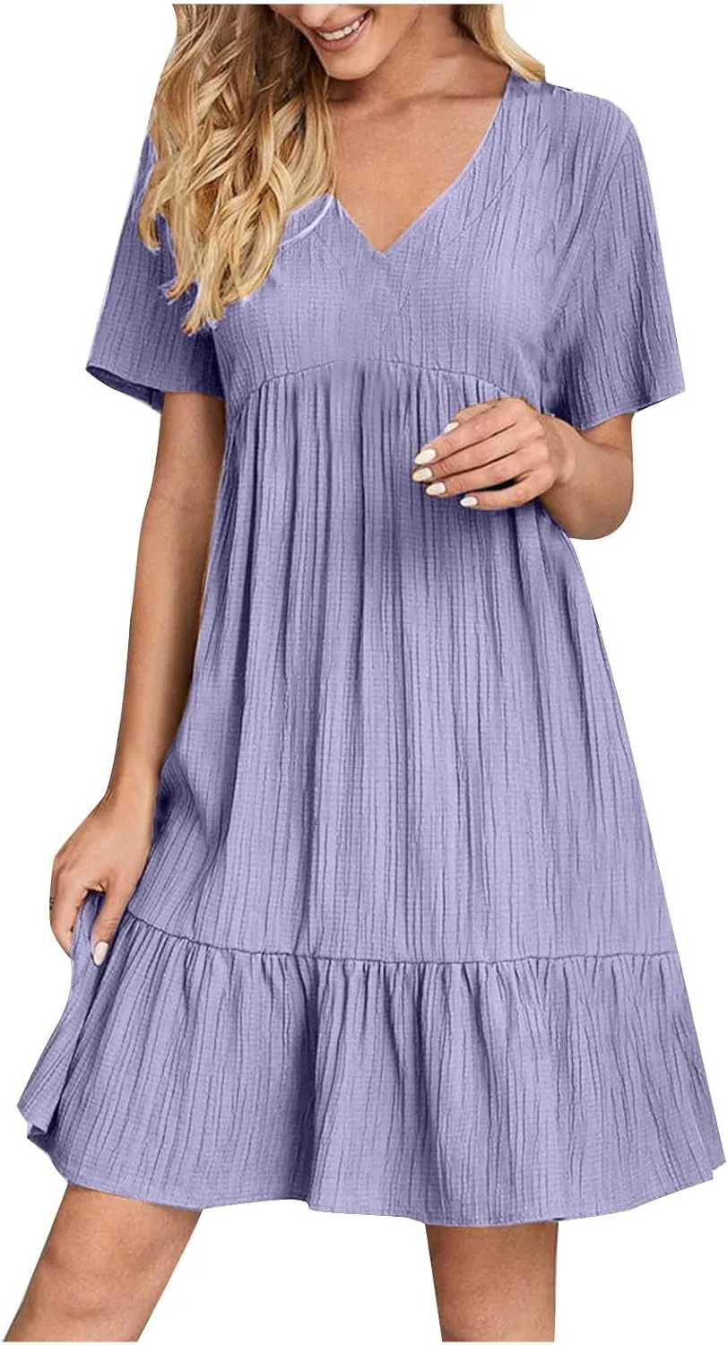 Summer Dresses for Women 2025 Trendy Loose Short Sleeve Solid Color Sundress Casual Pleated Vacation Beach Dress