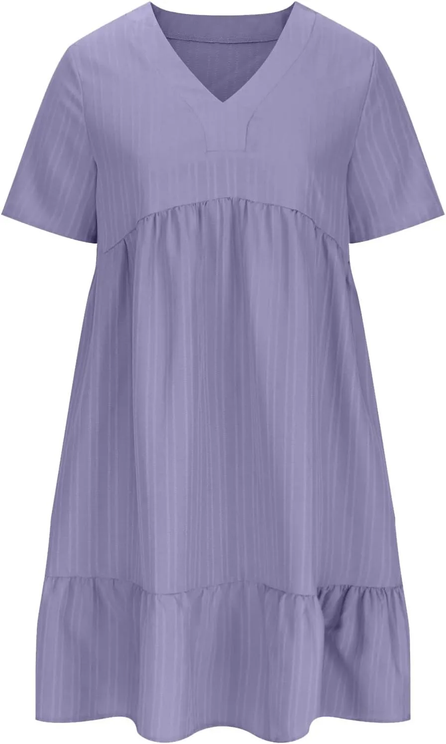 Summer Dresses for Women 2025 Trendy Loose Short Sleeve Solid Color Sundress Casual Pleated Vacation Beach Dress