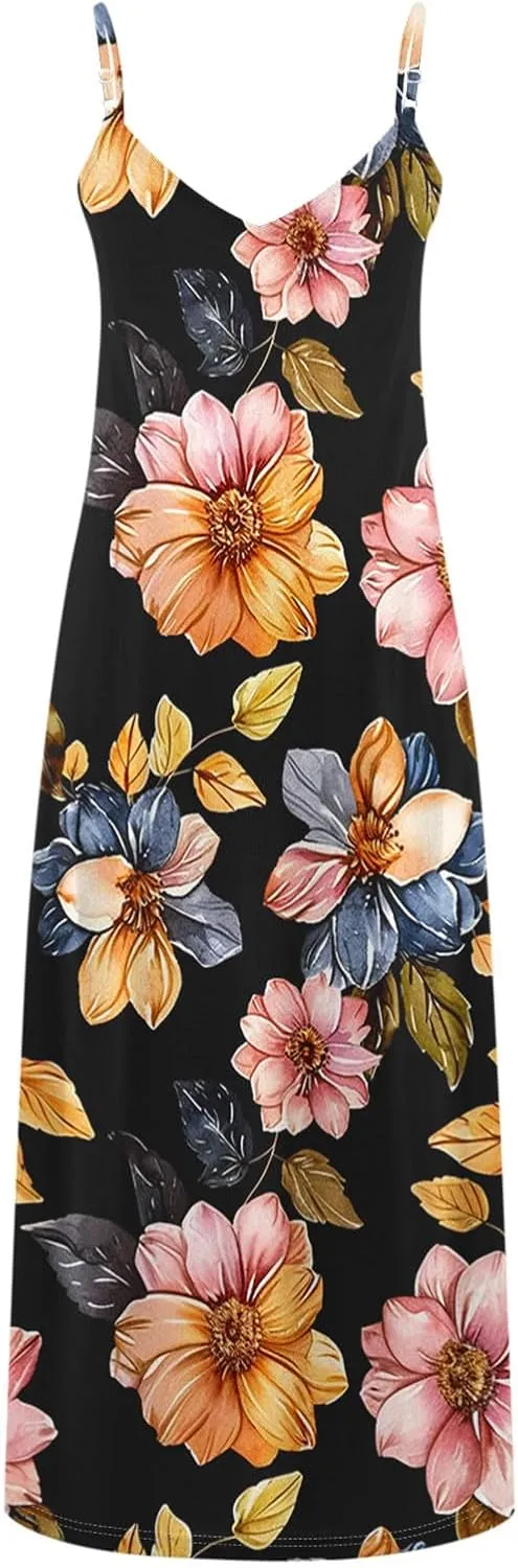 Summer Dresses for Women 2025 Vacation Floral Slip Dress Spaghetti Strap Flowers Printed Maxi Dresses Casual Sundress