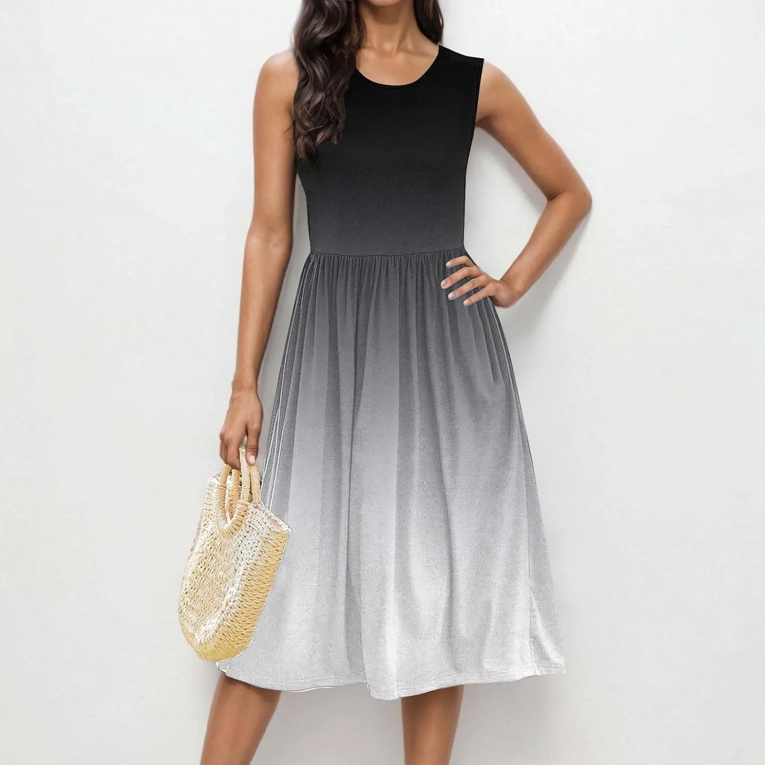 Summer Dresses for Women Casual A-Line Flowy Sleeveless Midi Dress Vintage Floral Print Pleated Beach Sundress 2025