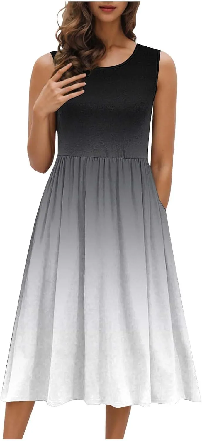 Summer Dresses for Women Casual A-Line Flowy Sleeveless Midi Dress Vintage Floral Print Pleated Beach Sundress 2025