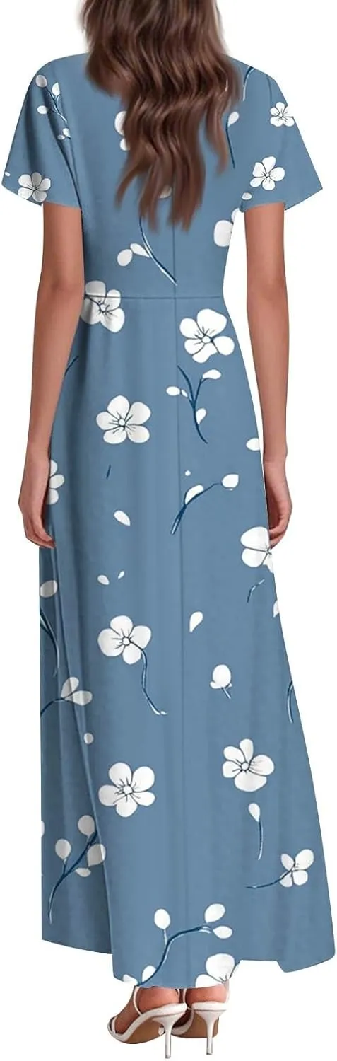 Summer Dresses for Women Casual Trendy Short Sleeve V-Neck Floral Print Flowy Boho Maxi Vacation Dress, XS-2XL