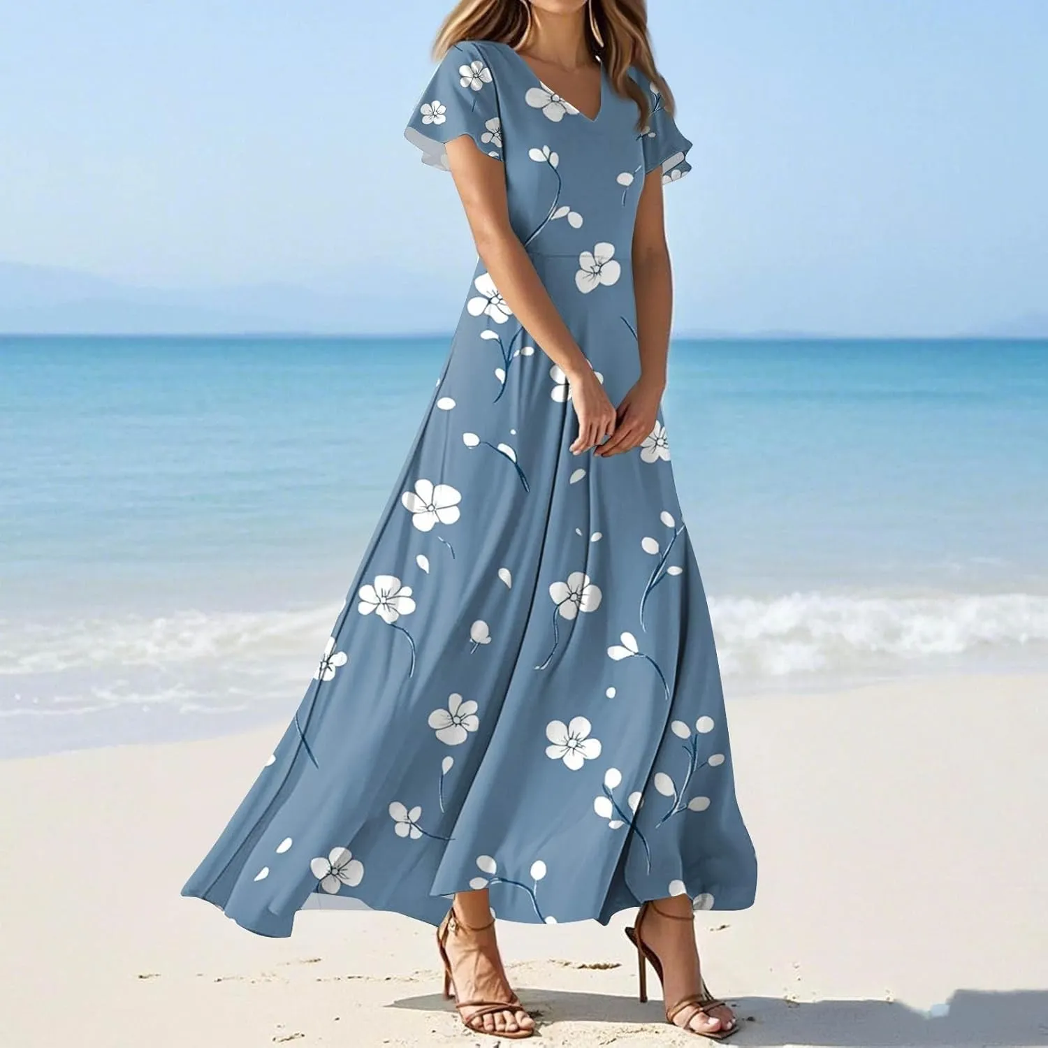Summer Dresses for Women Casual Trendy Short Sleeve V-Neck Floral Print Flowy Boho Maxi Vacation Dress, XS-2XL