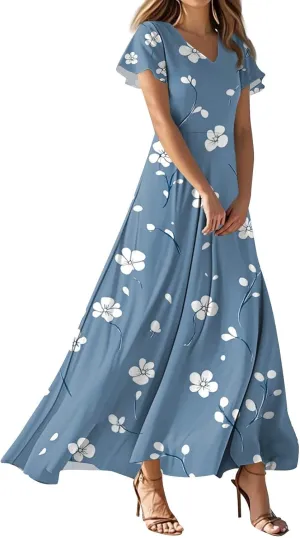 Summer Dresses for Women Casual Trendy Short Sleeve V-Neck Floral Print Flowy Boho Maxi Vacation Dress, XS-2XL