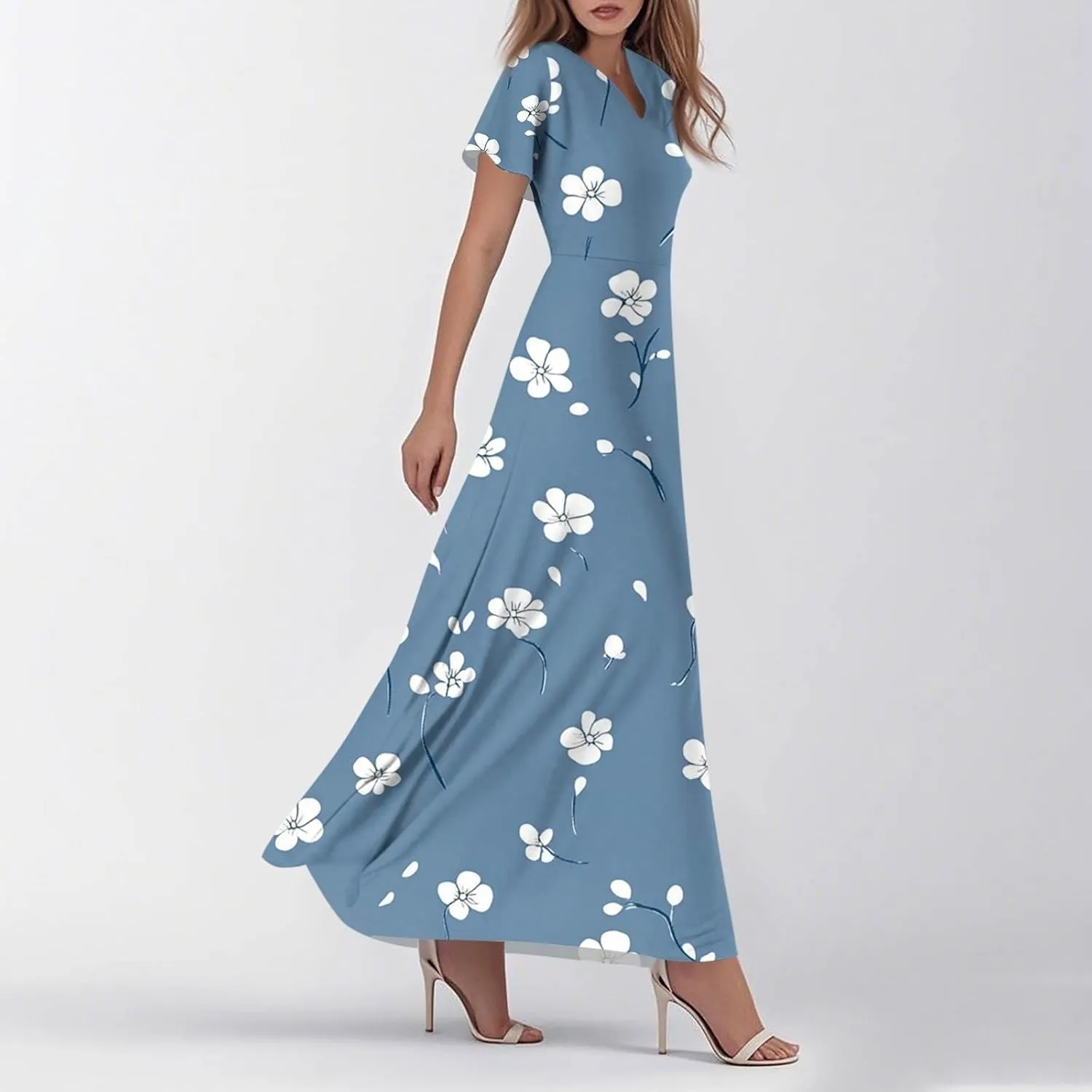 Summer Dresses for Women Casual Trendy Short Sleeve V-Neck Floral Print Flowy Boho Maxi Vacation Dress, XS-2XL