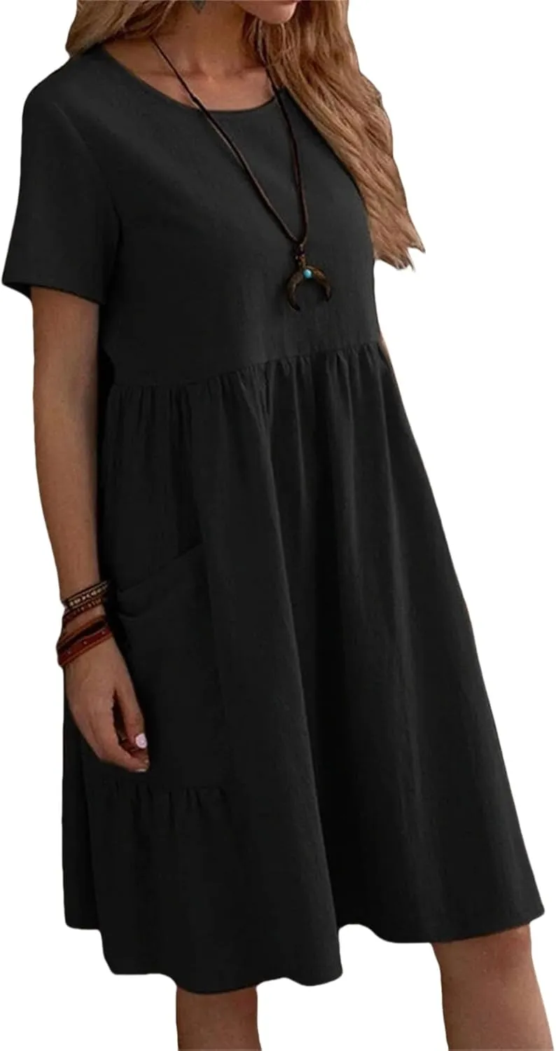 Summer Dresses for Women Cotton Linen Casual Midi Dresses Short Sleeve Crewneck Loose Flowy Dress with Pockets