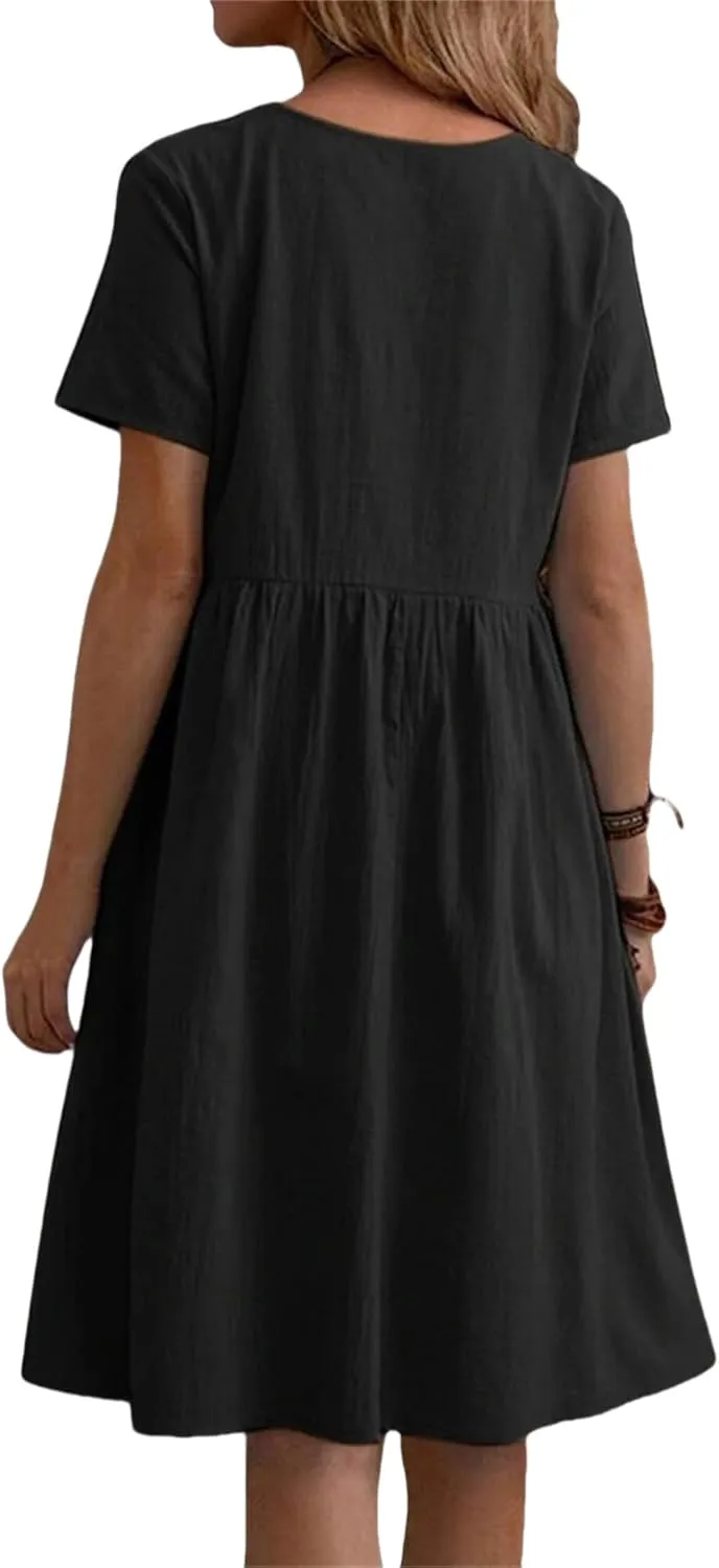 Summer Dresses for Women Cotton Linen Casual Midi Dresses Short Sleeve Crewneck Loose Flowy Dress with Pockets