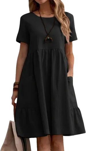 Summer Dresses for Women Cotton Linen Casual Midi Dresses Short Sleeve Crewneck Loose Flowy Dress with Pockets