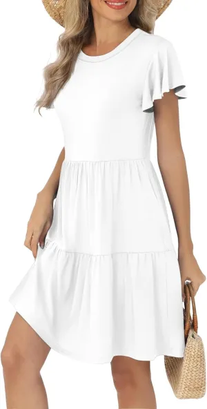Summer Dresses for Women Cruise Hawaiian Ruffle Sleeve Round Neck Floral Flowy A-Line Beach Vacation Boho Sundresses