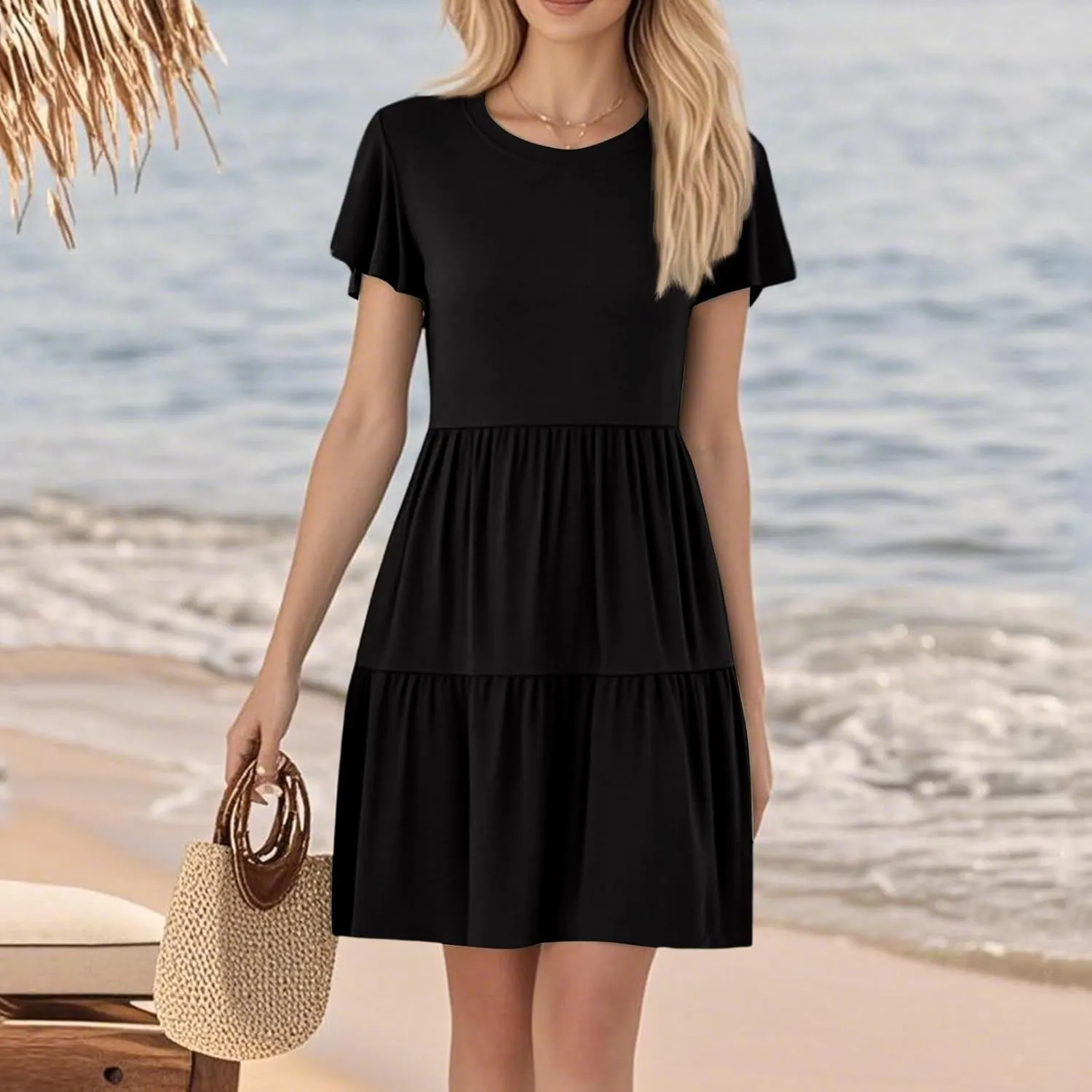 Summer Dresses for Women Cruise Hawaiian Ruffle Sleeve Round Neck Floral Flowy A-Line Beach Vacation Boho Sundresses