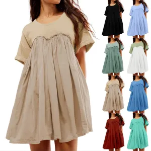 Summer Dresses for Women Short Sleeve Patchwork Crewneck Mini Dress Casual Colorblock Pleated Dresses with Pockets