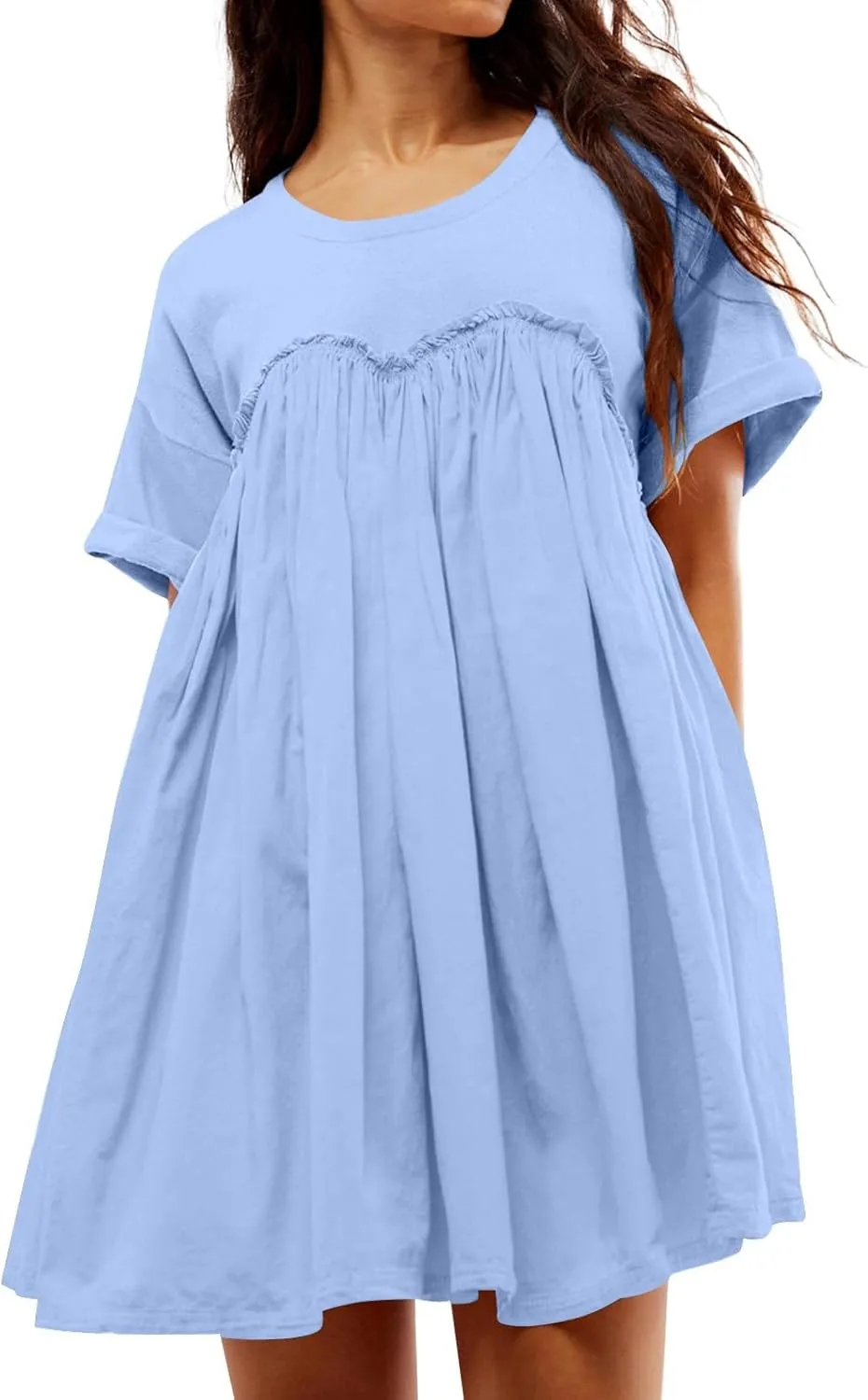 Summer Dresses for Women Short Sleeve Patchwork Crewneck Mini Dress Casual Colorblock Pleated Dresses with Pockets