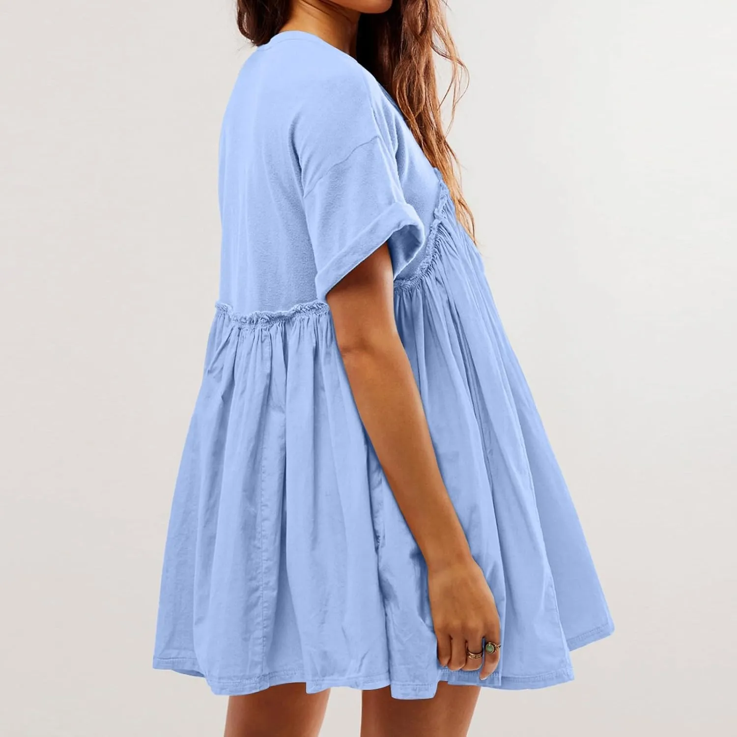 Summer Dresses for Women Short Sleeve Patchwork Crewneck Mini Dress Casual Colorblock Pleated Dresses with Pockets