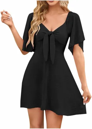 Summer Dresses for Women Short Sleeve V Neck Tie Knot Dress Casual Slim Fit Flowy Swing Vacation Mini Dresses