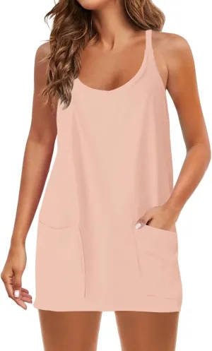 Summer Dresses for Women Sleeveless Mini Crew Neck Dress Spaghetti Strap Sundress Athletic Short Dress with Pockets