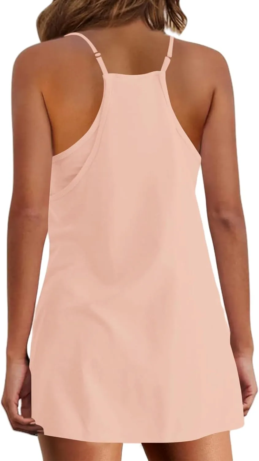 Summer Dresses for Women Sleeveless Mini Crew Neck Dress Spaghetti Strap Sundress Athletic Short Dress with Pockets