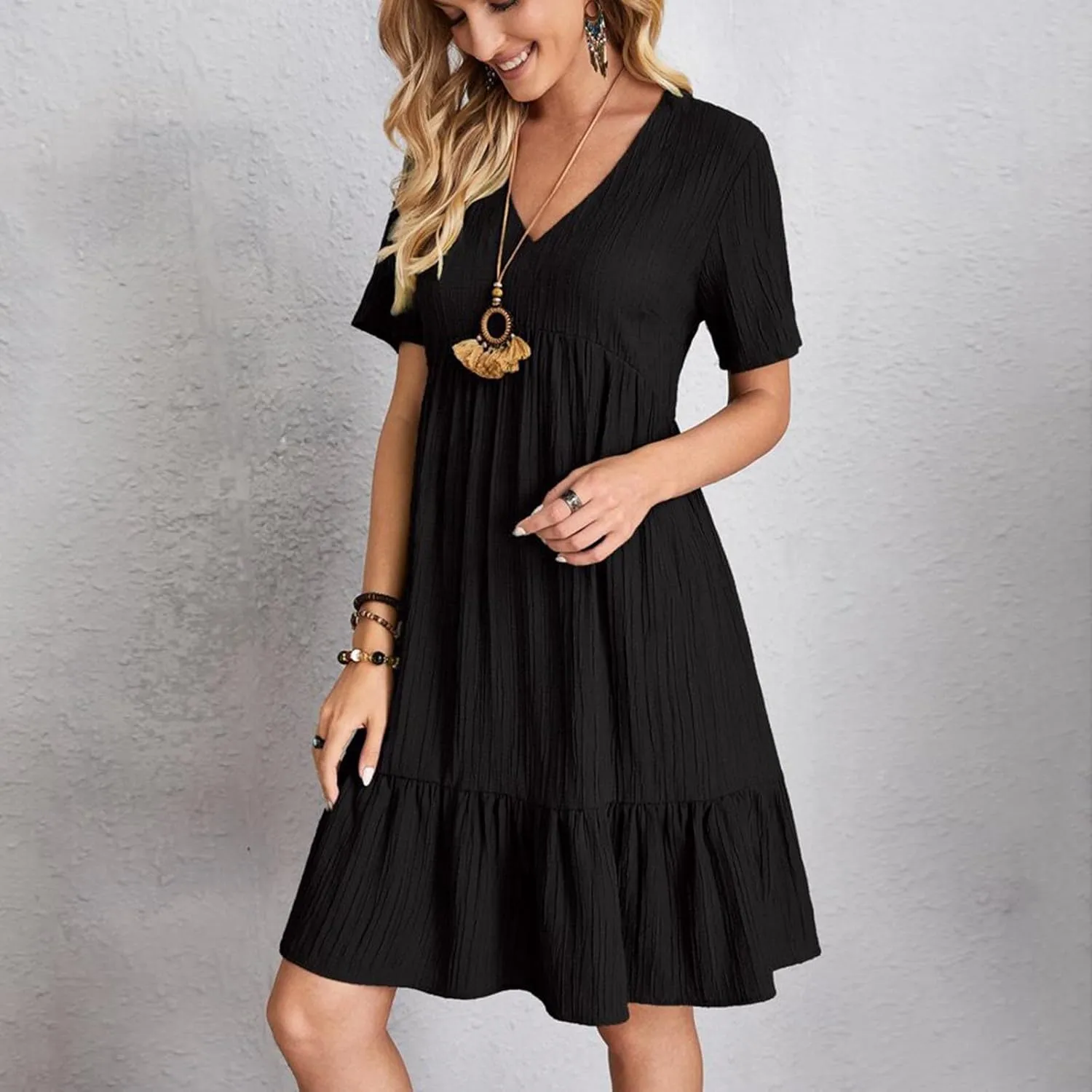 Summer Dresses for Womens V Neck Flutter Sleeve Flowy Short Dress Casual Midi Dress A Line Ruffle Tiered Swing Dresses