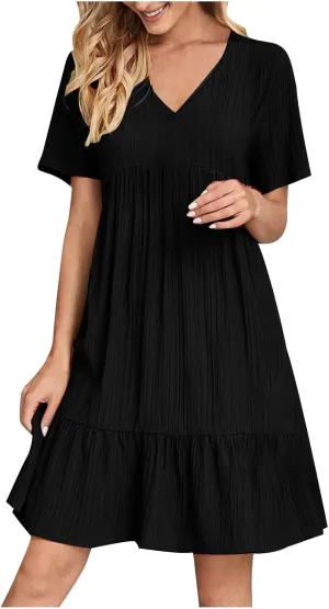 Summer Dresses for Womens V Neck Flutter Sleeve Flowy Short Dress Casual Midi Dress A Line Ruffle Tiered Swing Dresses