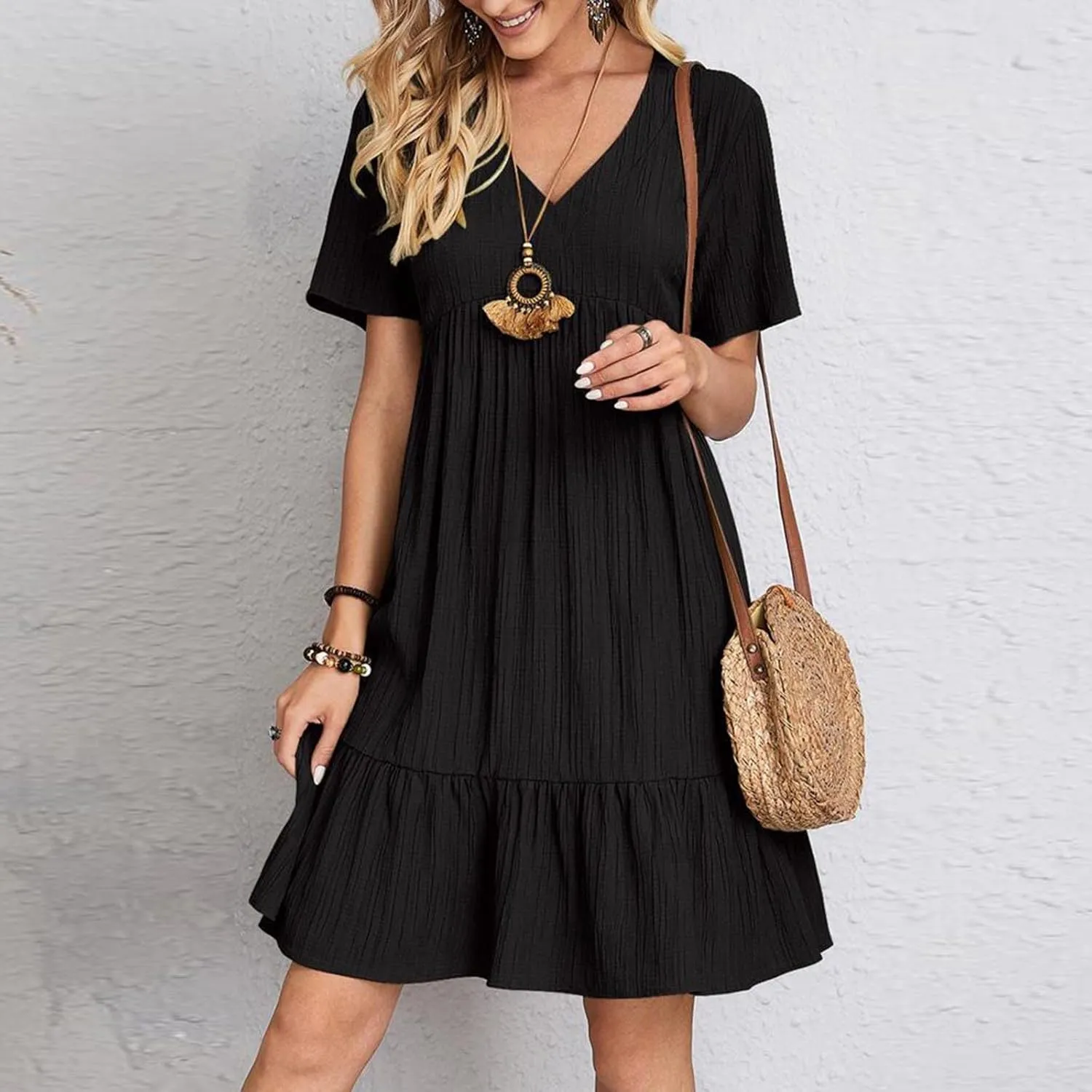 Summer Dresses for Womens V Neck Flutter Sleeve Flowy Short Dress Casual Midi Dress A Line Ruffle Tiered Swing Dresses
