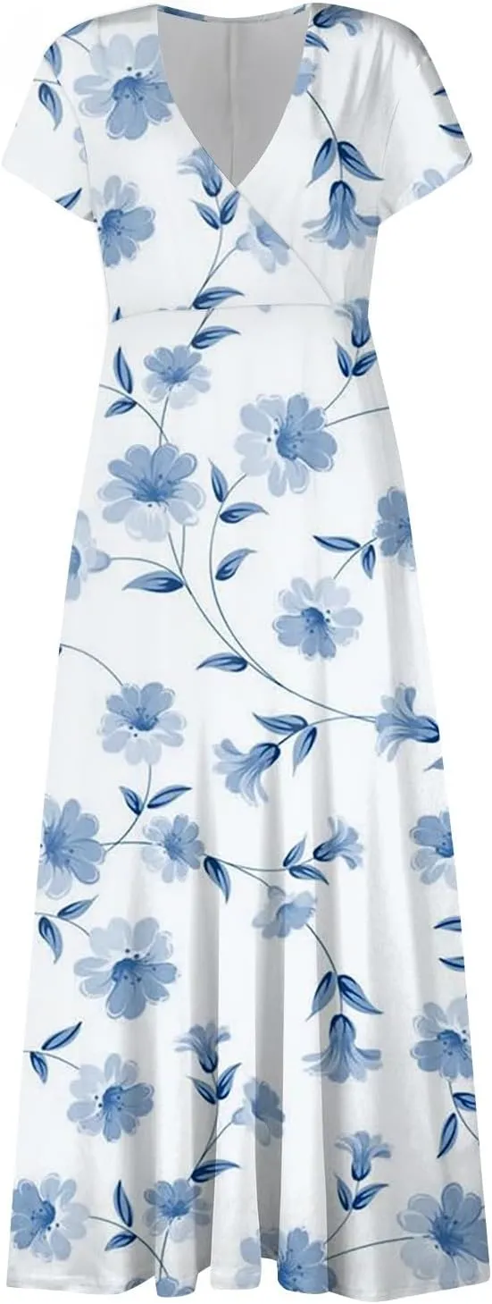 Summer Dresses Women Short Sleeve Maxi Dress Summer Fitted Tight Vintage Floral Print