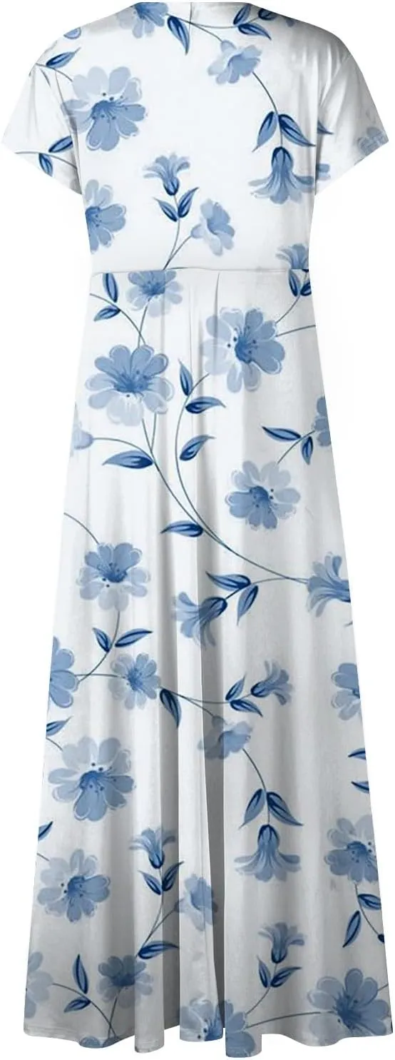 Summer Dresses Women Short Sleeve Maxi Dress Summer Fitted Tight Vintage Floral Print
