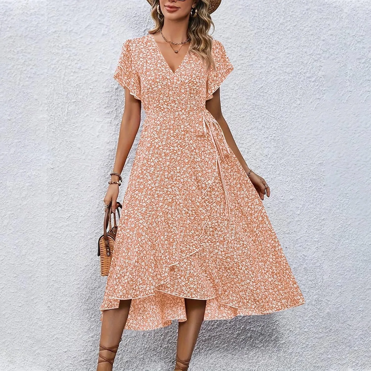 Summer Floral Dresses for Women 2025 Midi Wrap Dress V Neck Flutter Short Sleeve Tie Waist Ruffle Hem Beach Dresses