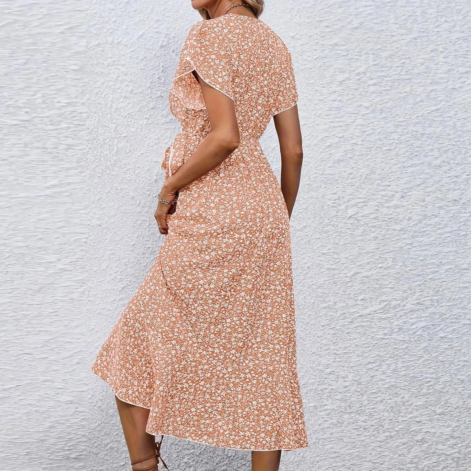 Summer Floral Dresses for Women 2025 Midi Wrap Dress V Neck Flutter Short Sleeve Tie Waist Ruffle Hem Beach Dresses