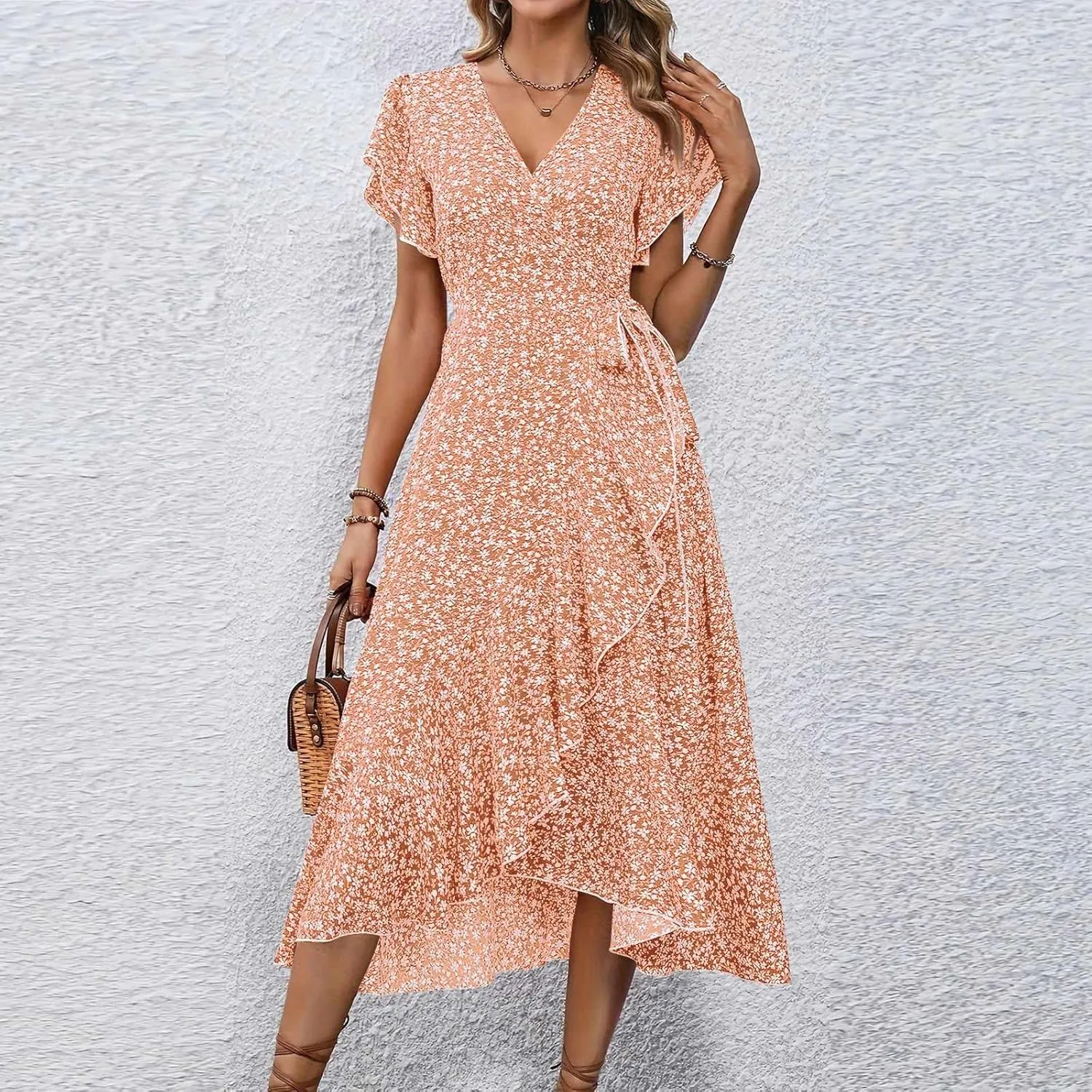 Summer Floral Dresses for Women 2025 Midi Wrap Dress V Neck Flutter Short Sleeve Tie Waist Ruffle Hem Beach Dresses