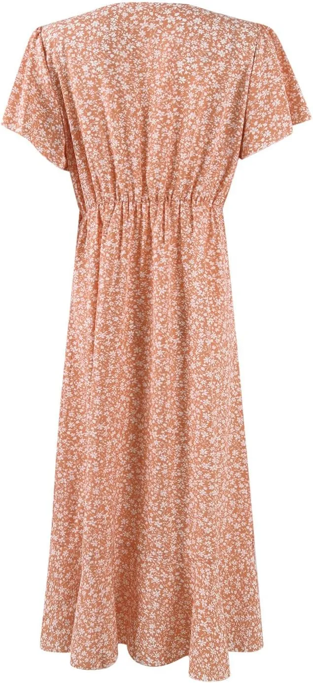 Summer Floral Dresses for Women 2025 Midi Wrap Dress V Neck Flutter Short Sleeve Tie Waist Ruffle Hem Beach Dresses