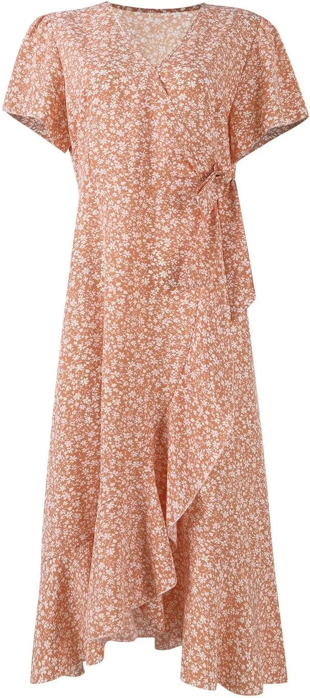 Summer Floral Dresses for Women 2025 Midi Wrap Dress V Neck Flutter Short Sleeve Tie Waist Ruffle Hem Beach Dresses