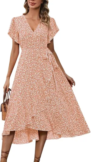Summer Floral Dresses for Women 2025 Midi Wrap Dress V Neck Flutter Short Sleeve Tie Waist Ruffle Hem Beach Dresses