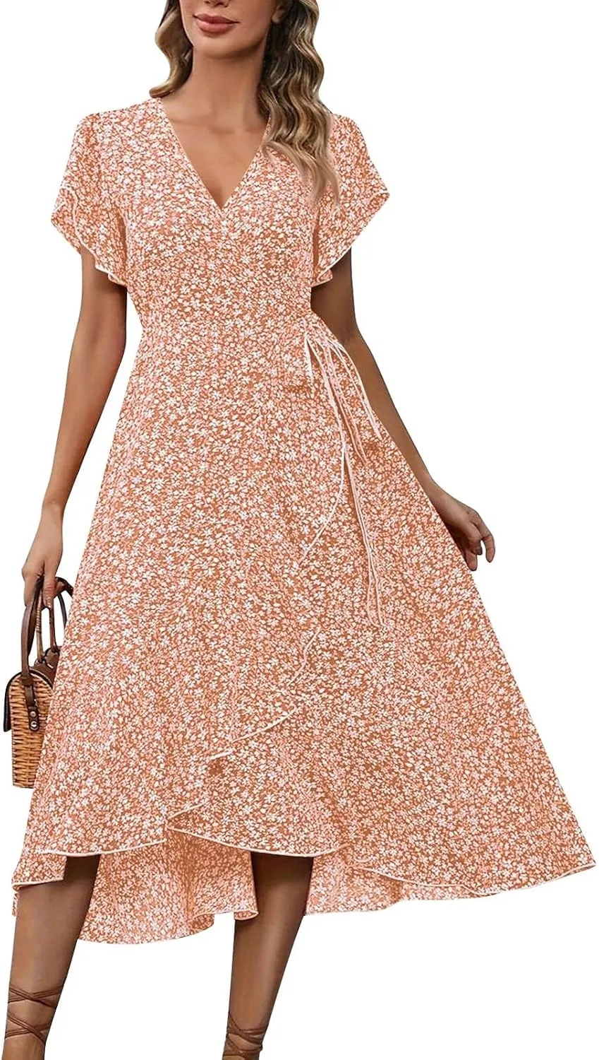 Summer Floral Dresses for Women 2025 Midi Wrap Dress V Neck Flutter Short Sleeve Tie Waist Ruffle Hem Beach Dresses