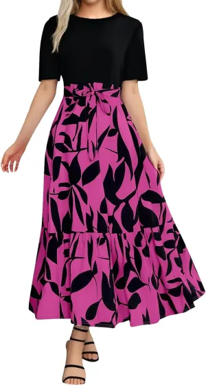 Summer Floral Dresses for Women Patchwork Short Sleeve Flowy Dress with Belt Ruffle Hem Elegant Casual Maxi Dress