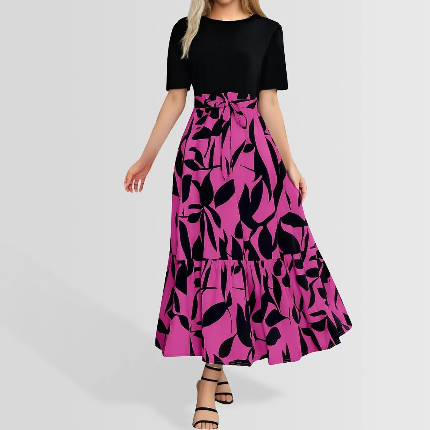 Summer Floral Dresses for Women Patchwork Short Sleeve Flowy Dress with Belt Ruffle Hem Elegant Casual Maxi Dress