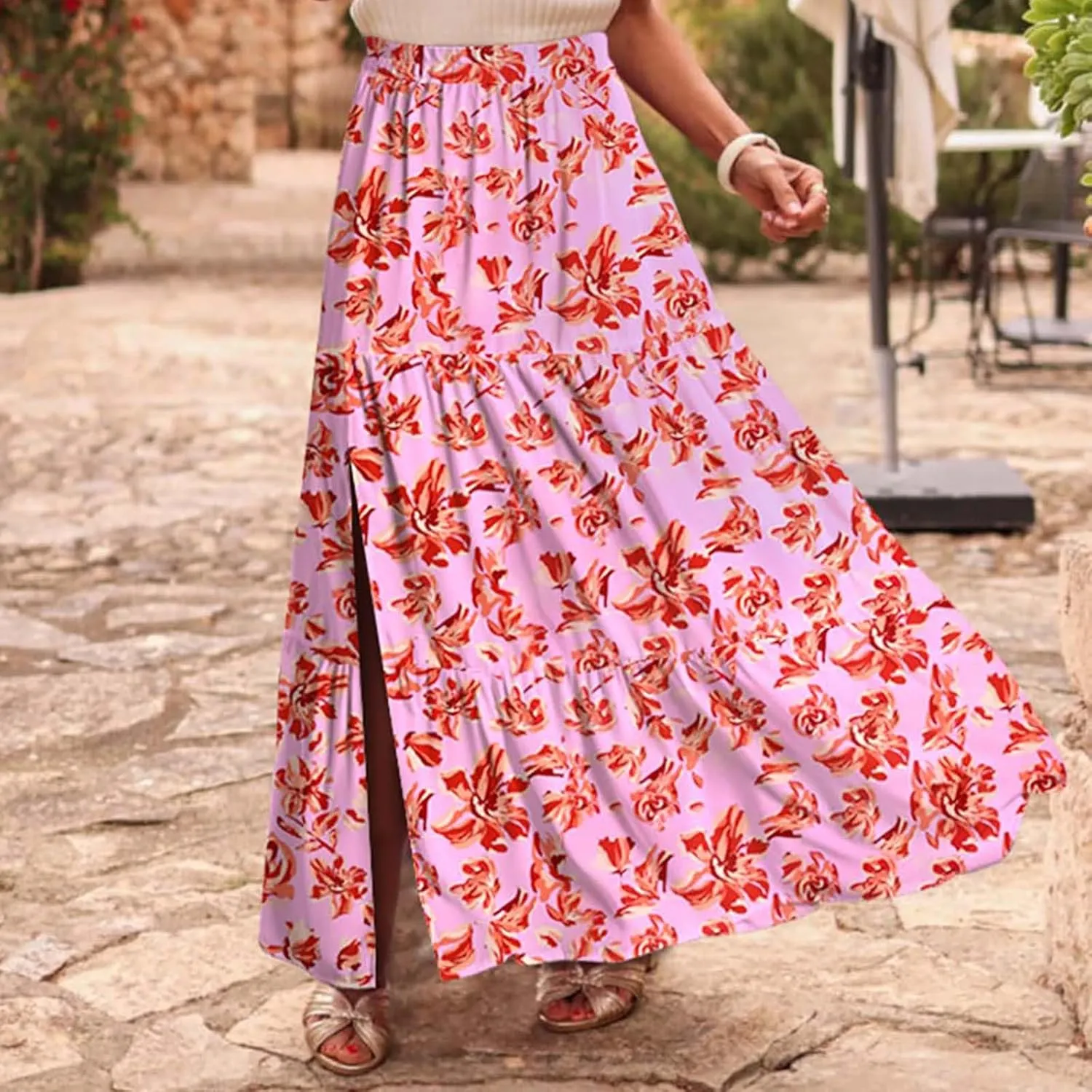Summer Floral Print Midi Skirt for Women Tiered Long Skirt Elastic High Waist Pleated Skirts Casual Side Split Trendy Skirts