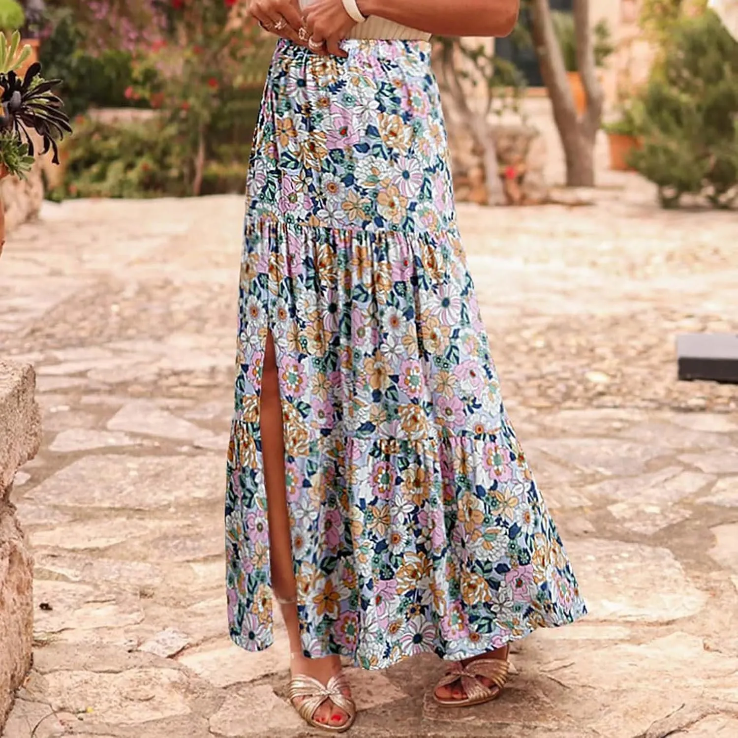 Summer Floral Print Midi Skirt for Women Tiered Long Skirt Elastic High Waist Pleated Skirts Casual Side Split Trendy Skirts