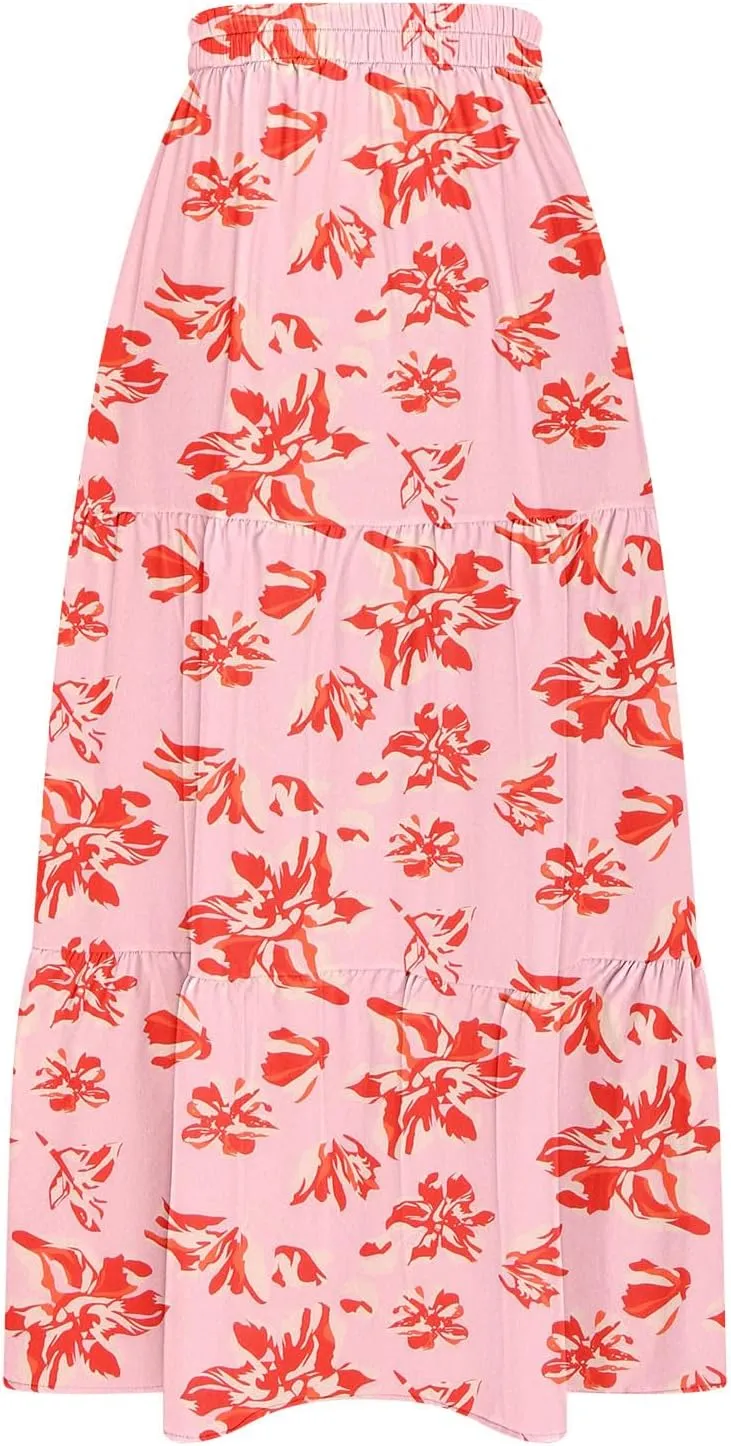 Summer Floral Print Midi Skirt for Women Tiered Long Skirt Elastic High Waist Pleated Skirts Casual Side Split Trendy Skirts