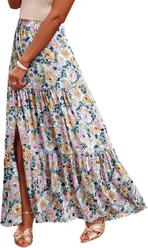 Summer Floral Print Midi Skirt for Women Tiered Long Skirt Elastic High Waist Pleated Skirts Casual Side Split Trendy Skirts