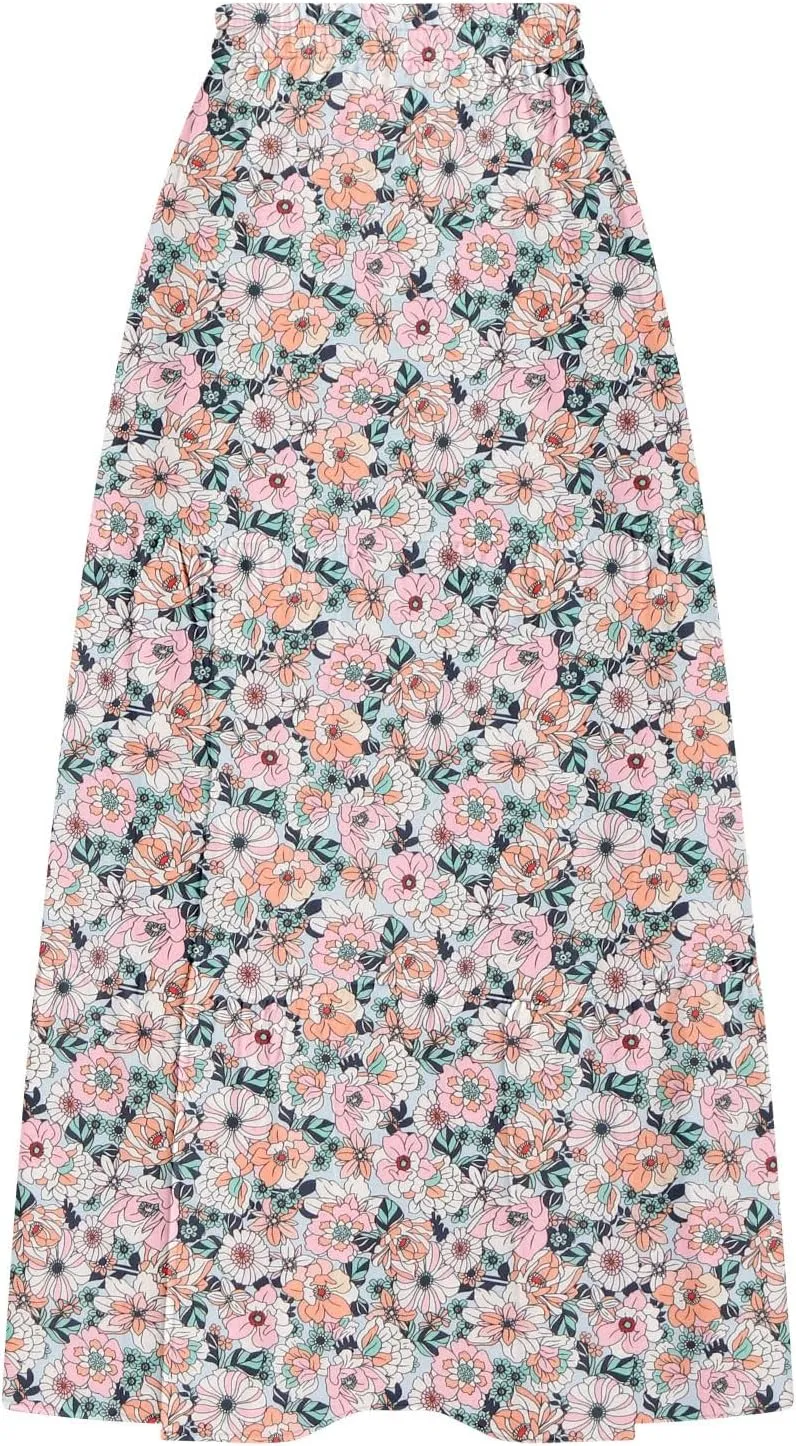 Summer Floral Print Midi Skirt for Women Tiered Long Skirt Elastic High Waist Pleated Skirts Casual Side Split Trendy Skirts