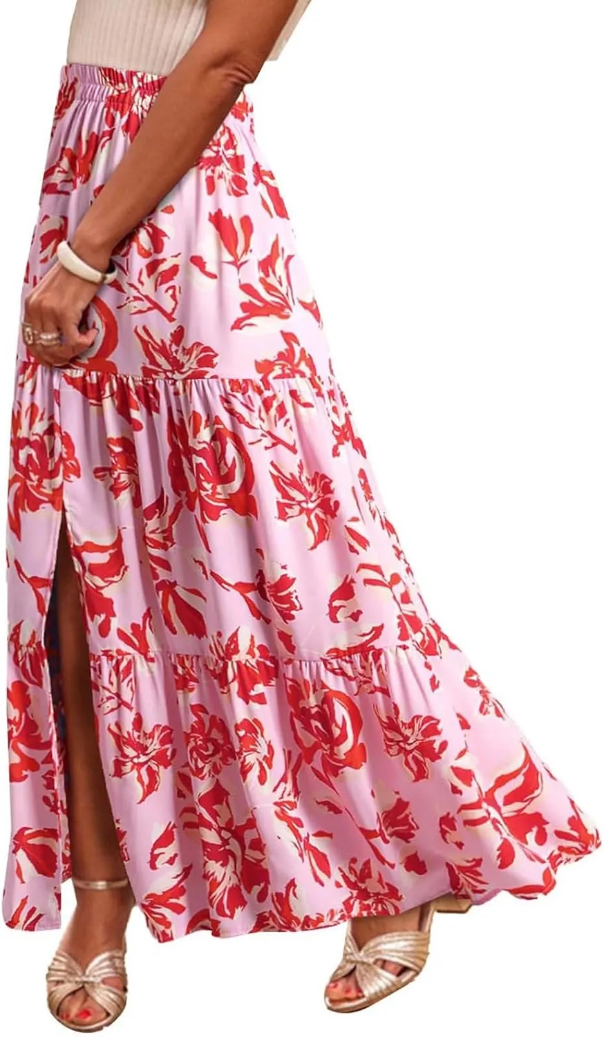 Summer Floral Print Midi Skirt for Women Tiered Long Skirt Elastic High Waist Pleated Skirts Casual Side Split Trendy Skirts