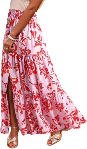 Summer Floral Print Midi Skirt for Women Tiered Long Skirt Elastic High Waist Pleated Skirts Casual Side Split Trendy Skirts
