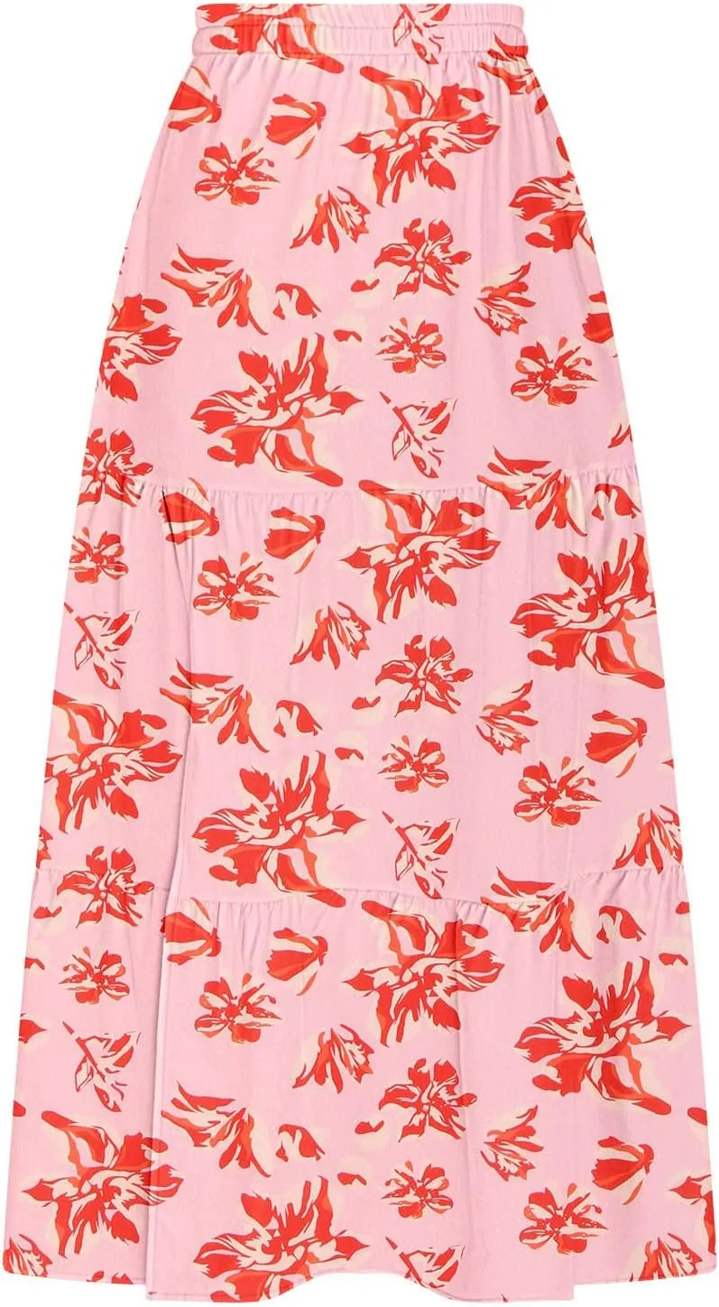 Summer Floral Print Midi Skirt for Women Tiered Long Skirt Elastic High Waist Pleated Skirts Casual Side Split Trendy Skirts