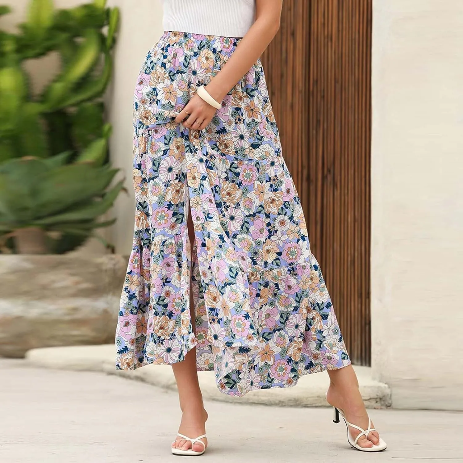 Summer Floral Print Midi Skirt for Women Tiered Long Skirt Elastic High Waist Pleated Skirts Casual Side Split Trendy Skirts