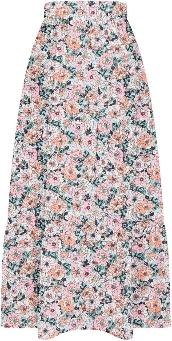 Summer Floral Print Midi Skirt for Women Tiered Long Skirt Elastic High Waist Pleated Skirts Casual Side Split Trendy Skirts