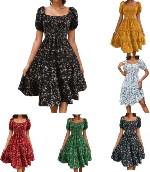 Summer Flower Dresses for Women 2025 Square Neck Puff Short Sleeve Boho Midi Dress Ruffle Beach Vacation A-Line Sundress