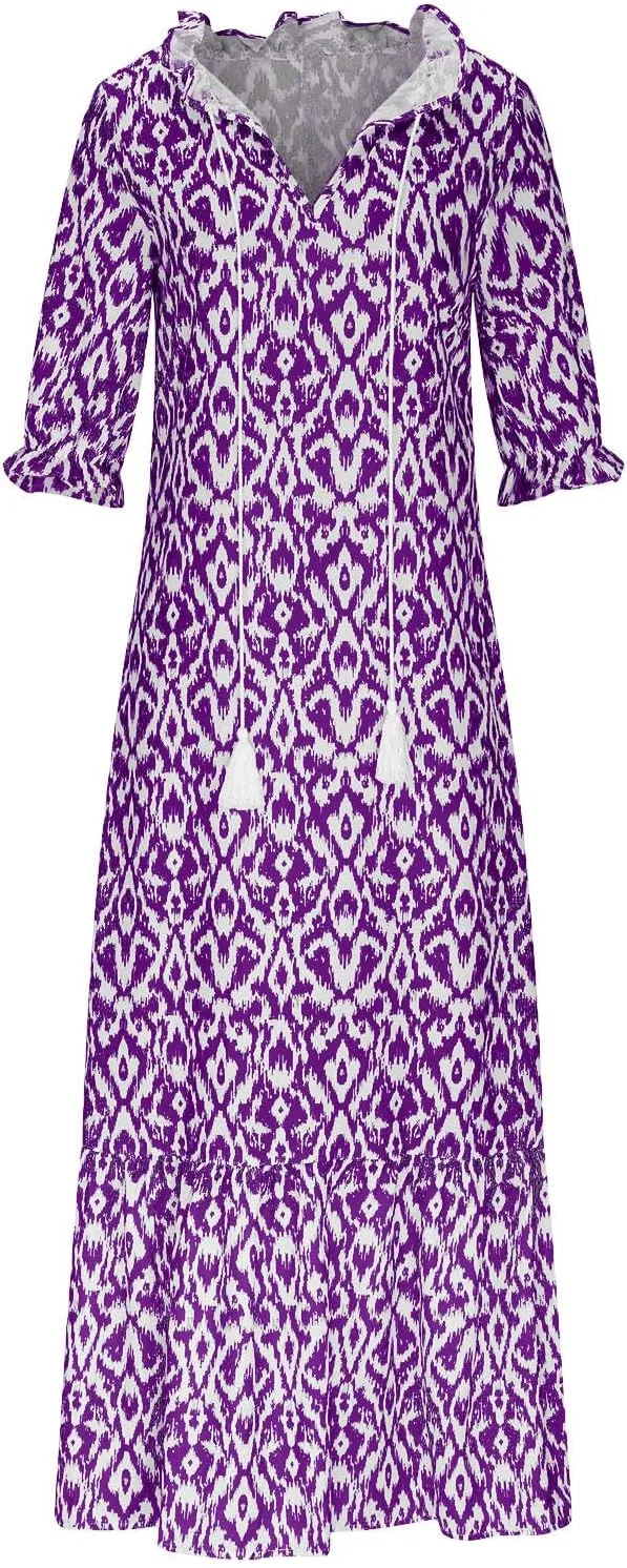 Summer Long Boho Dresses for Women 2025 Flowy Half Sleeve V Neck Maxi Dress Casual Beach Vacation Outfits Sundress