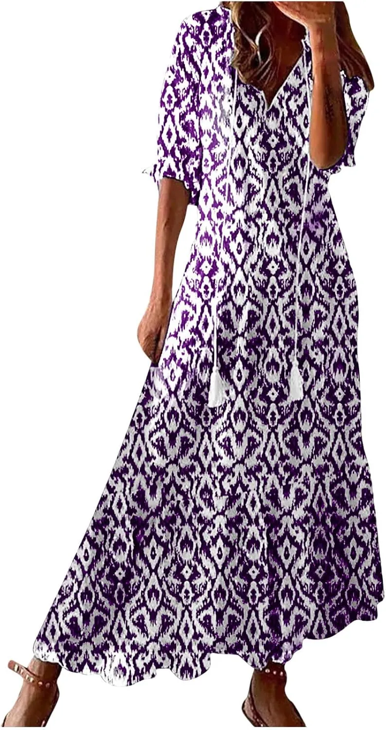 Summer Long Boho Dresses for Women 2025 Flowy Half Sleeve V Neck Maxi Dress Casual Beach Vacation Outfits Sundress