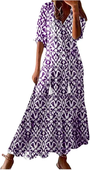 Summer Long Boho Dresses for Women 2025 Flowy Half Sleeve V Neck Maxi Dress Casual Beach Vacation Outfits Sundress