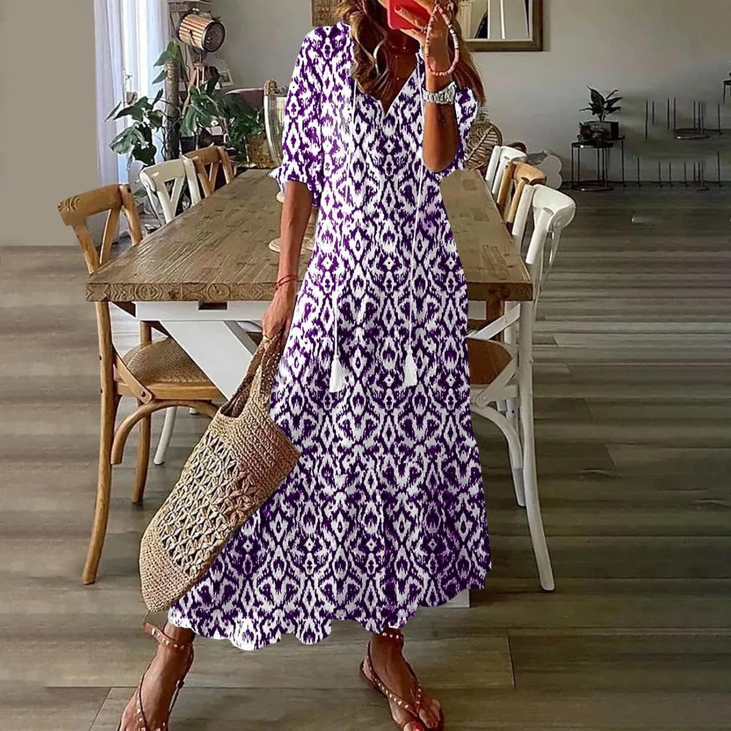 Summer Long Boho Dresses for Women 2025 Flowy Half Sleeve V Neck Maxi Dress Casual Beach Vacation Outfits Sundress