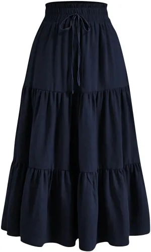 Summer Long Skirts for Women Casual Drawstring High Waist Lightweight Tiered Flowy Pleated Skirts with Pocket